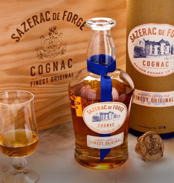 Sazerac de Forge cognac bottle and glass
