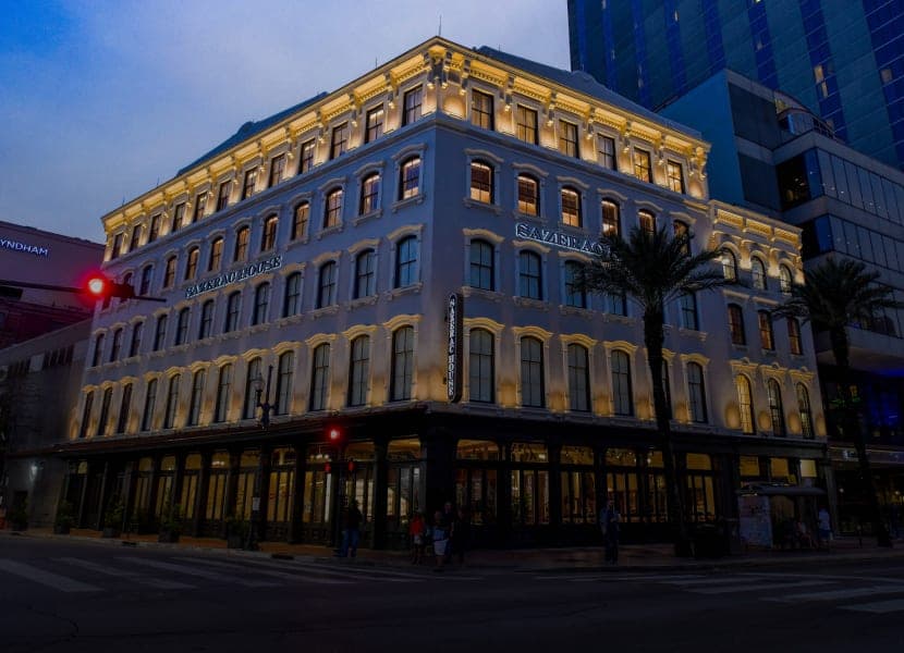 The Sazerac House building in New Orleans at dusk