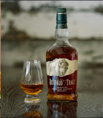Buffalo Trace Bourbon bottle and glencairn glass