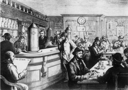 Pencil drawing of inside of original Merchants Exchange coffee house