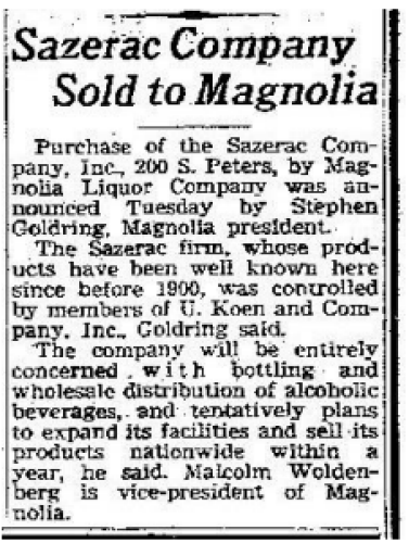 Newspaper announcement about Sazerac Company being sold 