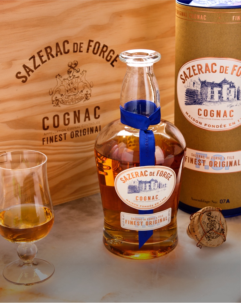Closeup of Sazerac de Forge Cognac Packaging