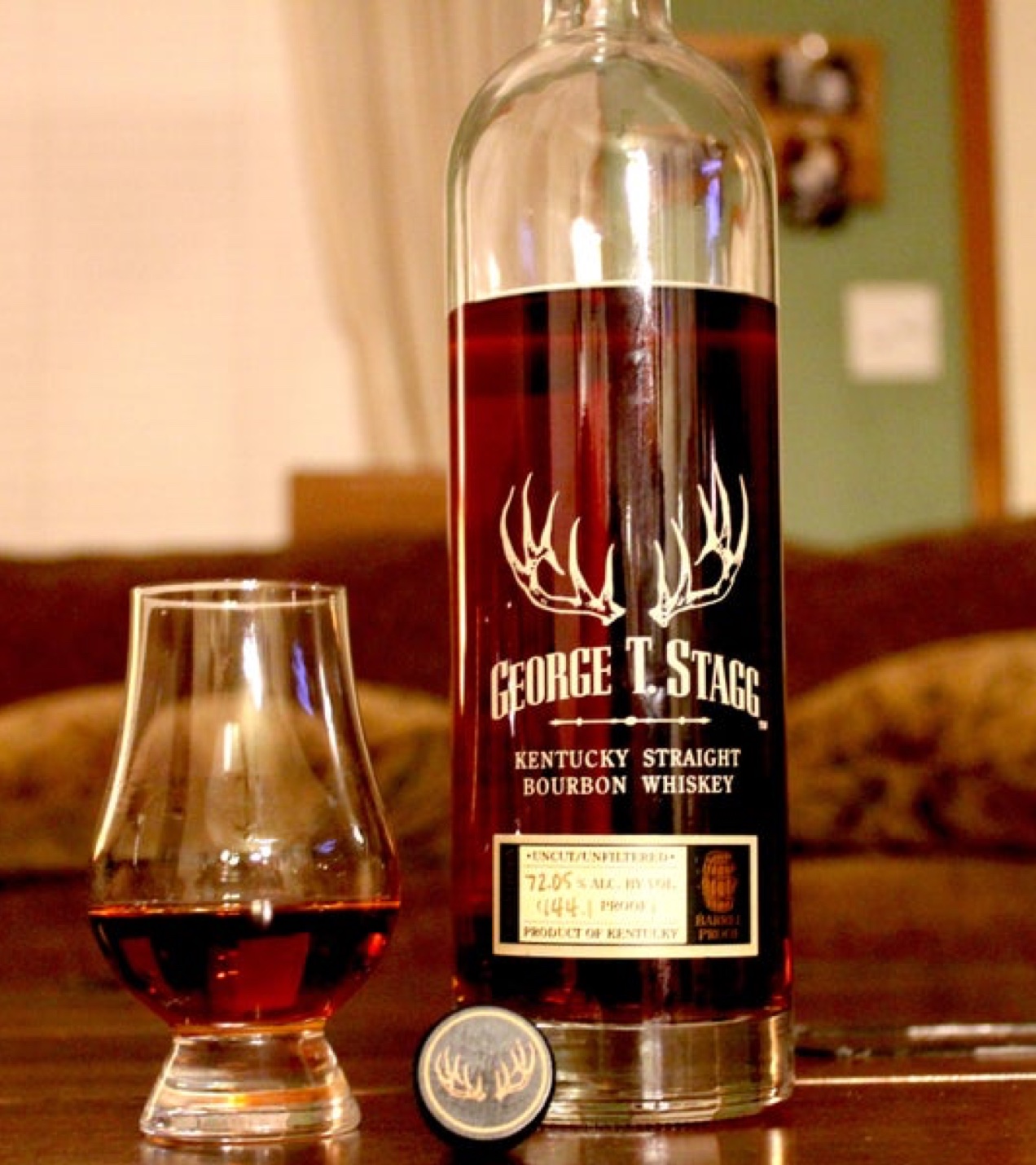 George T. Stagg Bottle and Glass on table