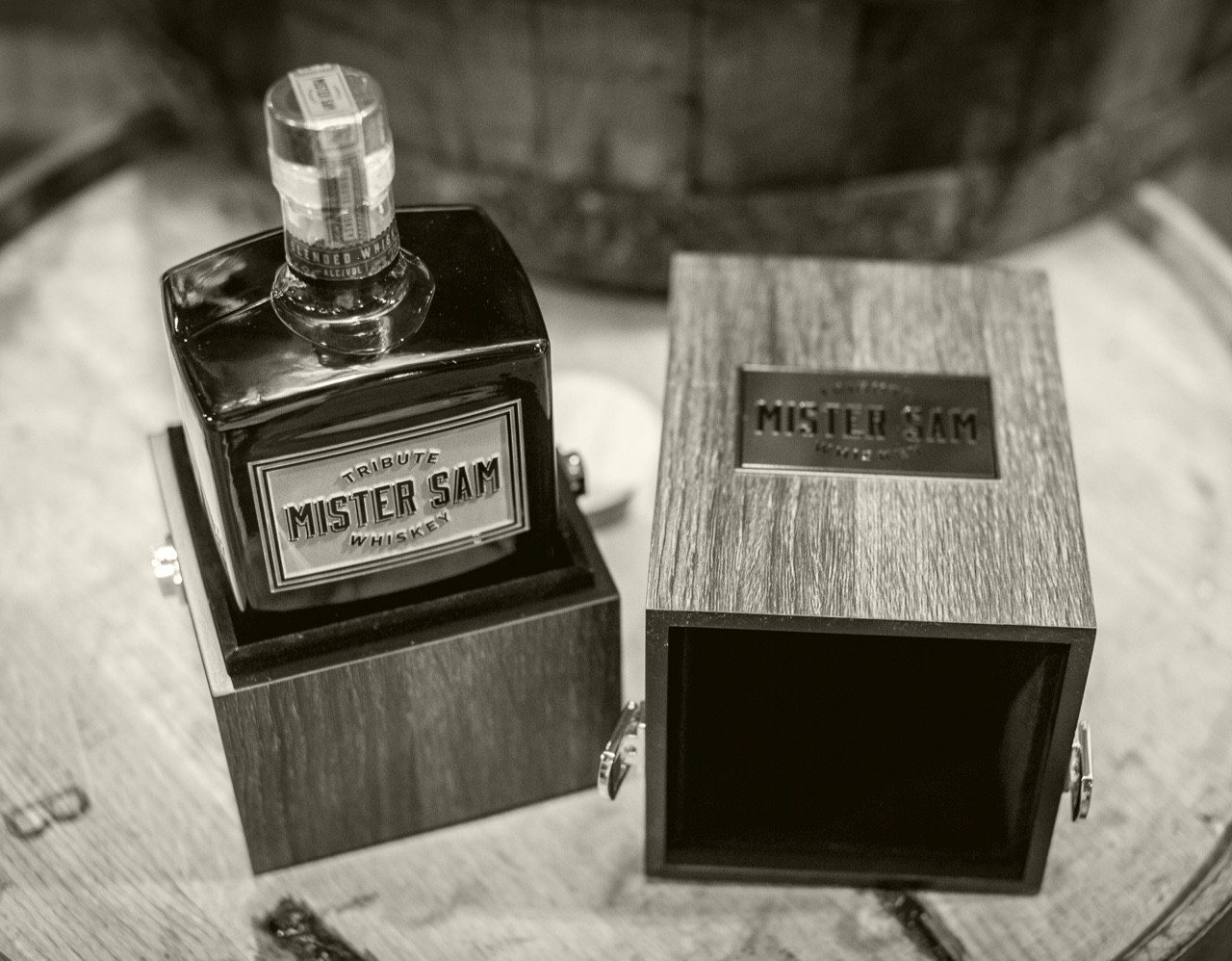 Black and white Mister Sam packaging on barrel