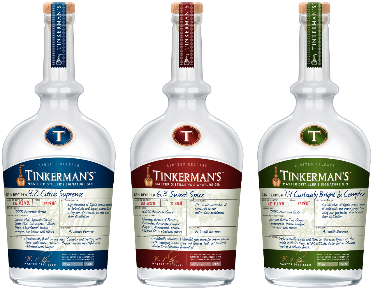 Tinkerman's Gin 3 Expressions bottles 