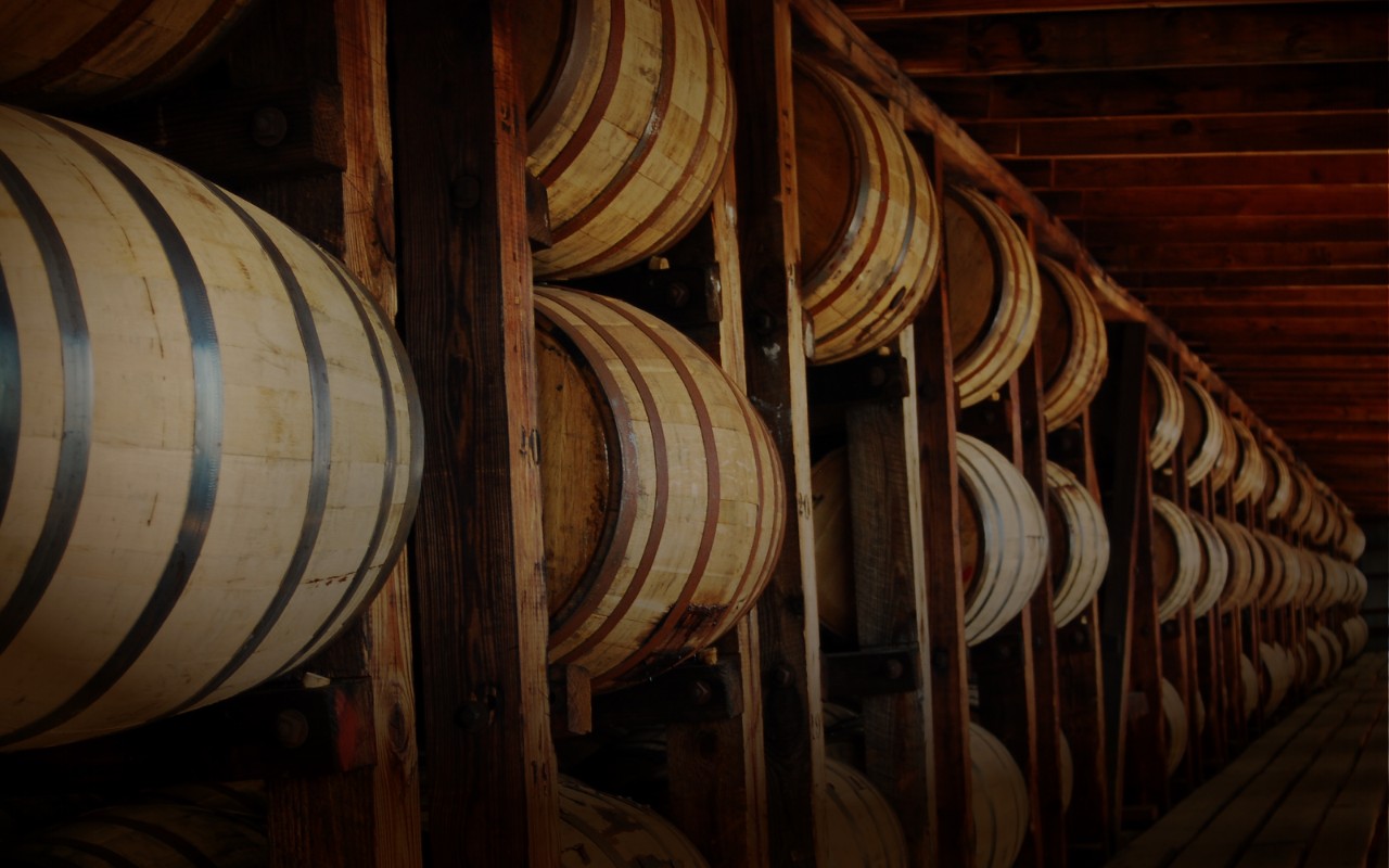 Long wall of oak barrels