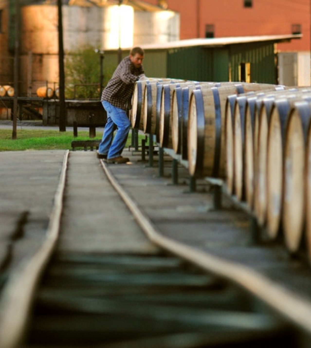 Man rolling long line of barrels outside