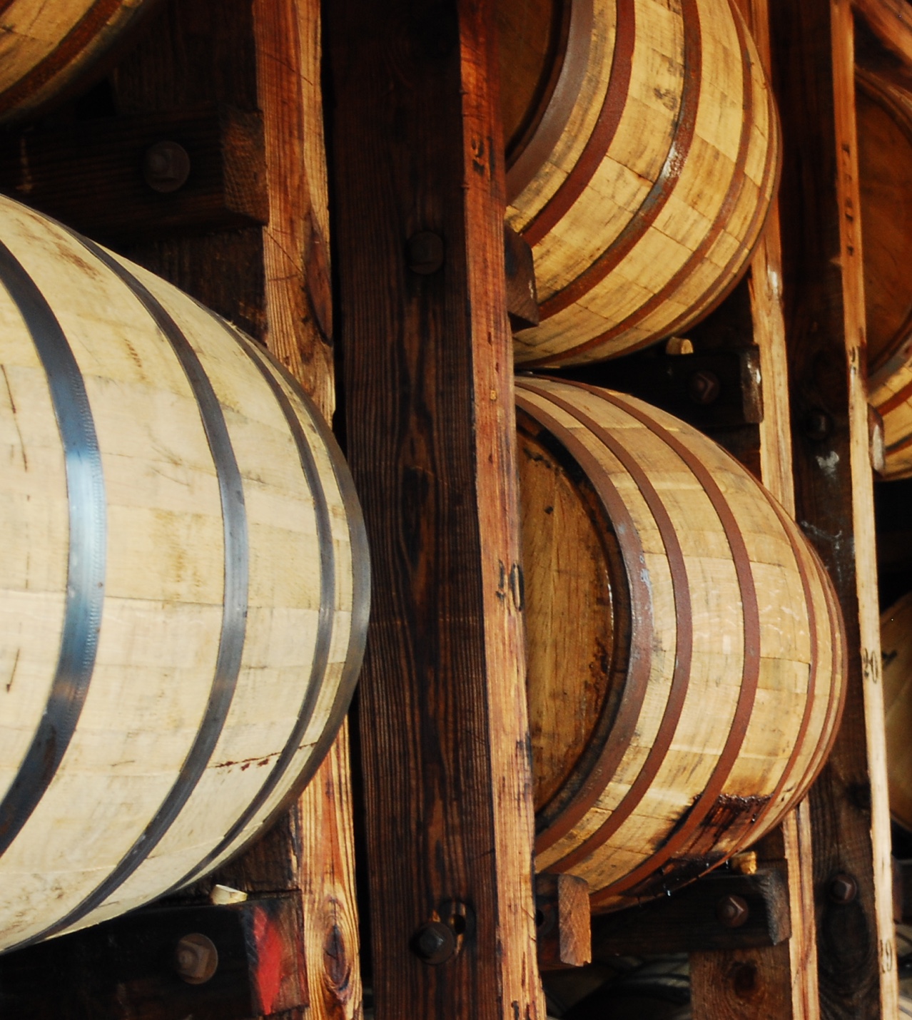 Closeup of oak barrels on wall