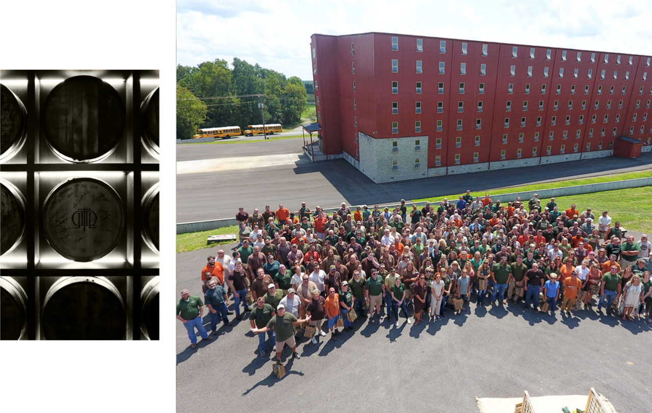 Stacked image of Last Drop Barrels and large employee group