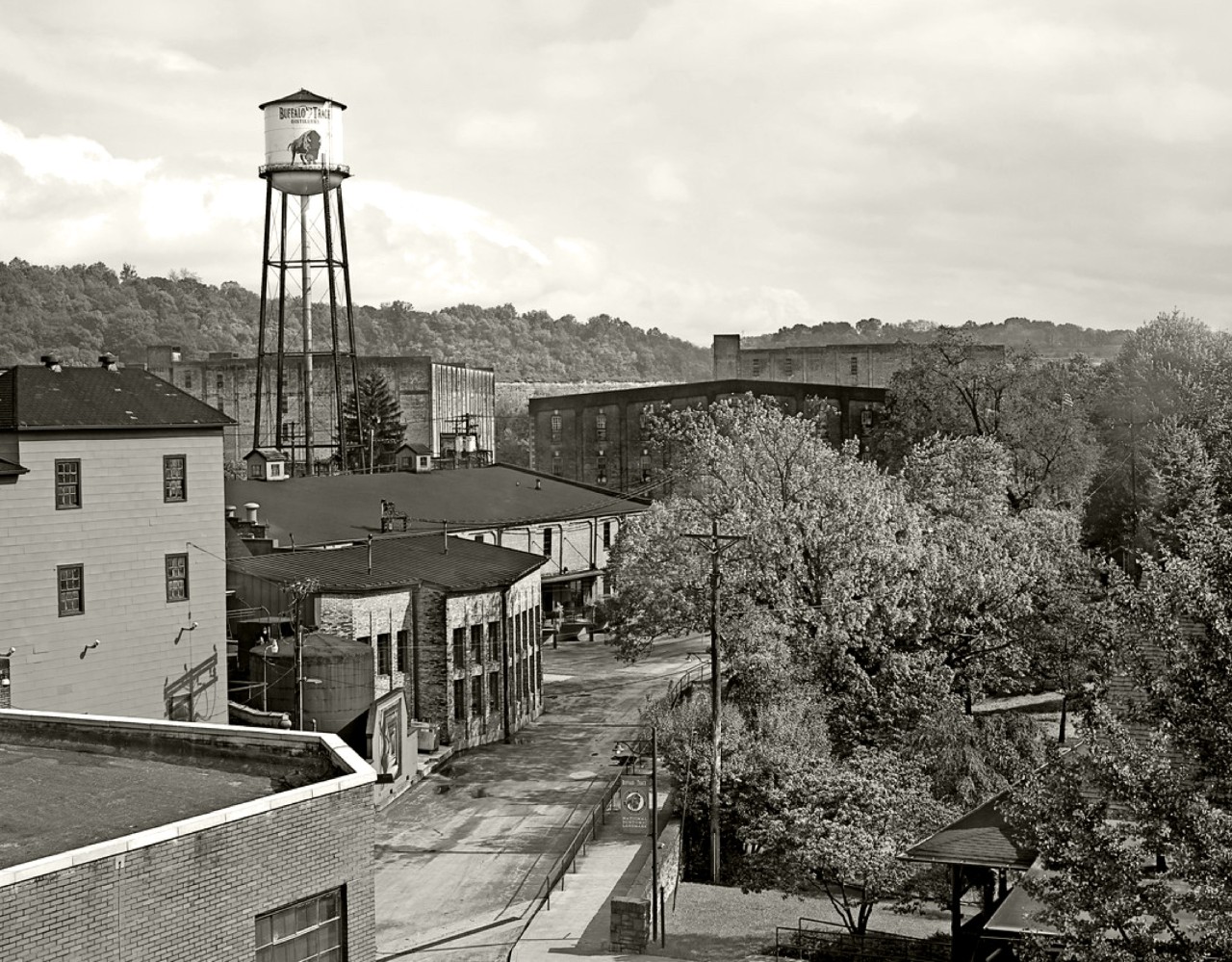 Black and white aerial view of Buffalo Trace Distillery