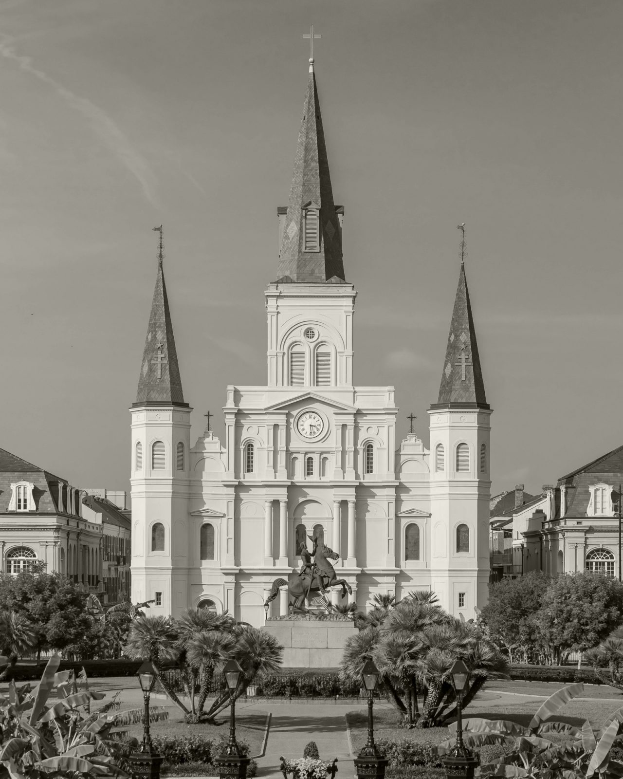 Black and white picture of the St. Louis Cathedral in New Orleans